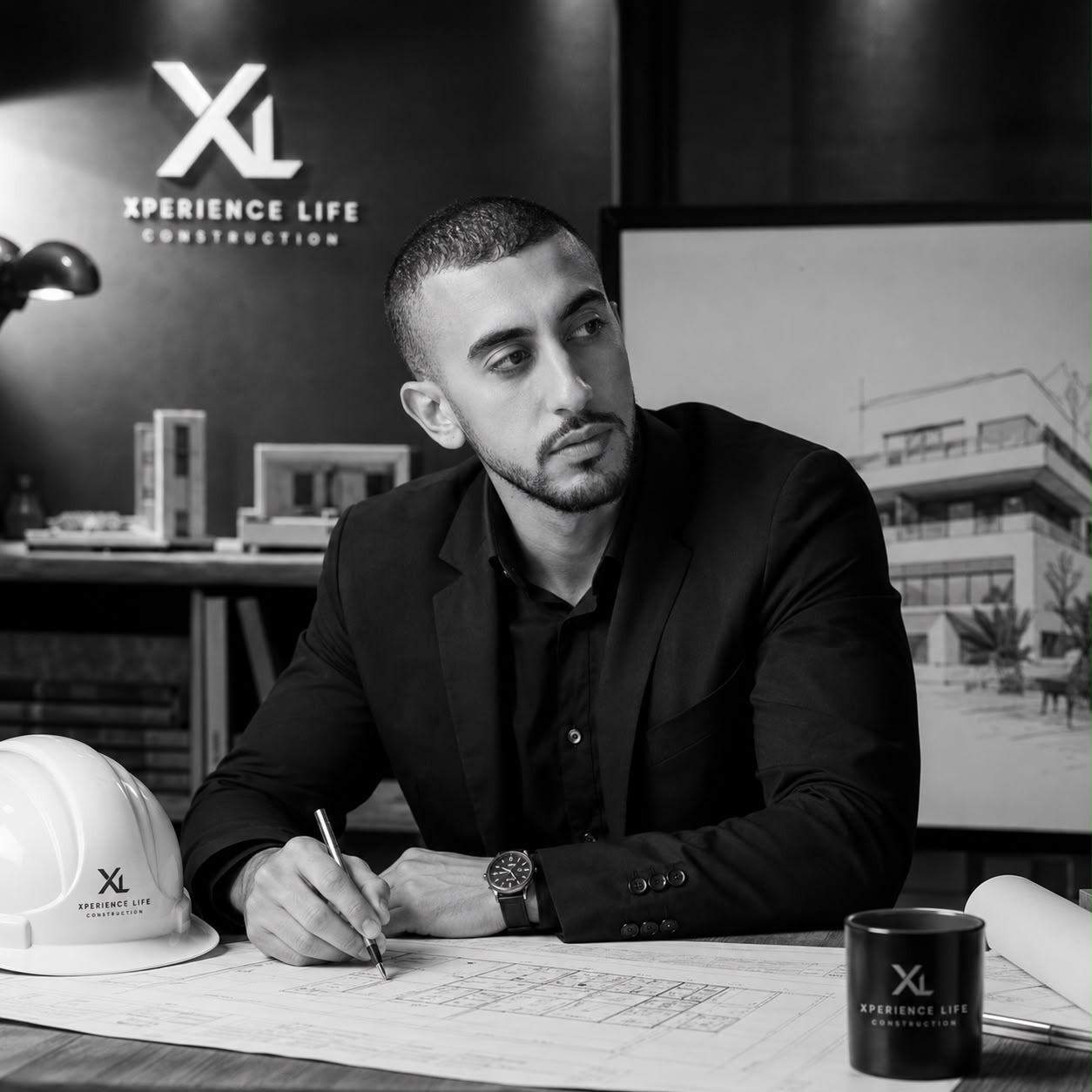Le fondateur de Xperience Life travaillant sur des plans au bureau