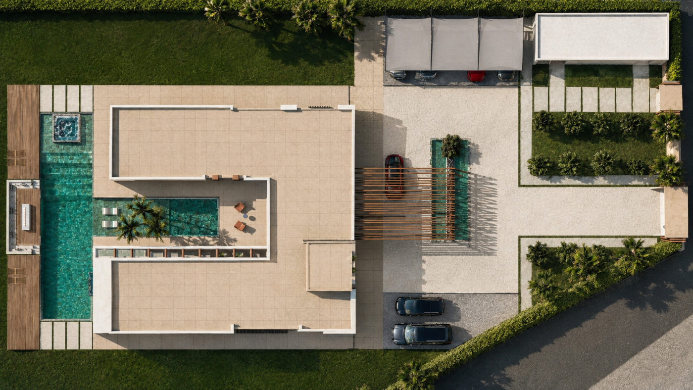 Vue aérienne du plan d’ensemble de la Villa Ourika