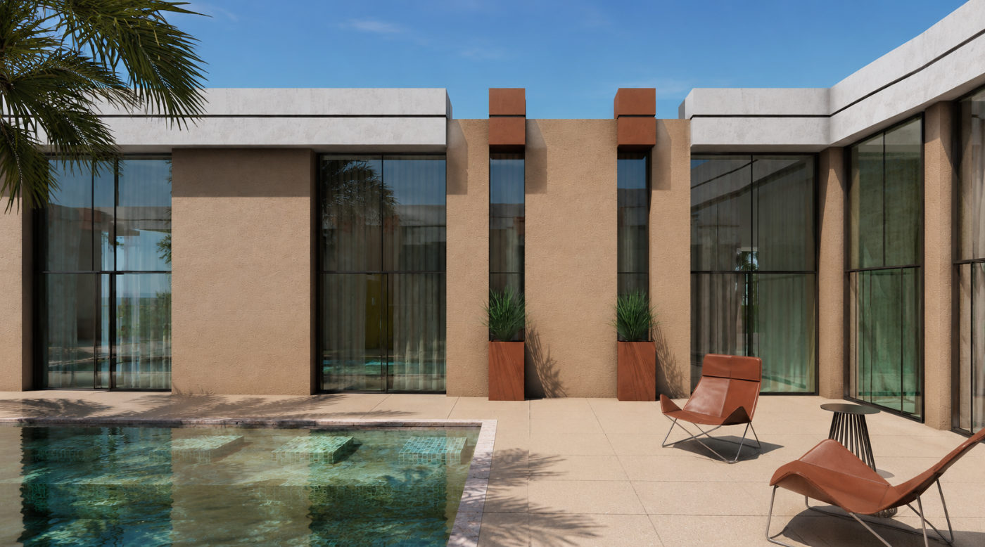 Patio et piscine intérieure-extérieure de la Villa Ourika
