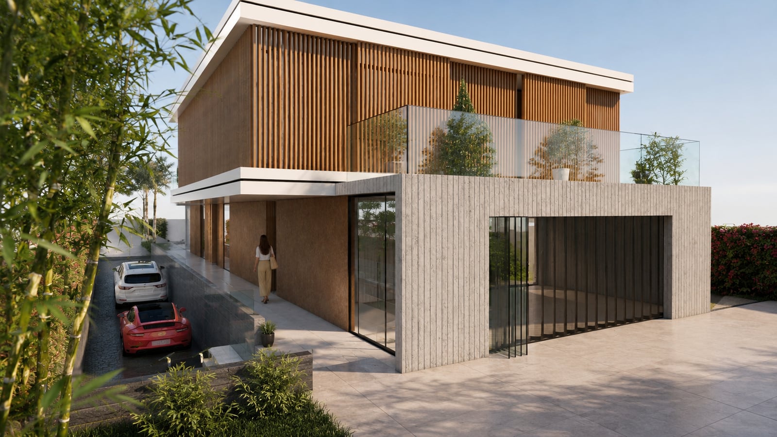Imbrication des volumes de la villa et terrasse haute