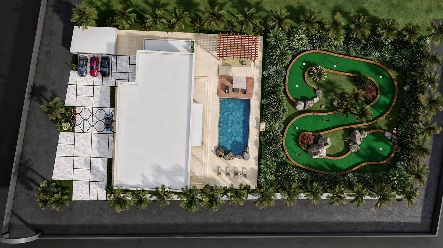 Plan paysager complet de la Villa Zaër, de la piscine et du jardin