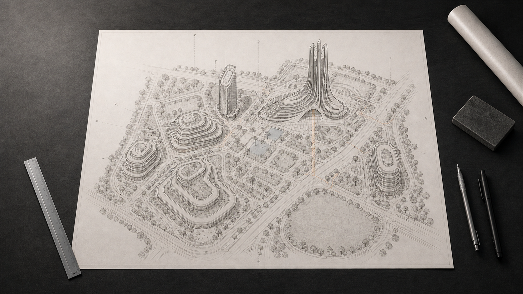 Plan masse architectural sur une table de travail