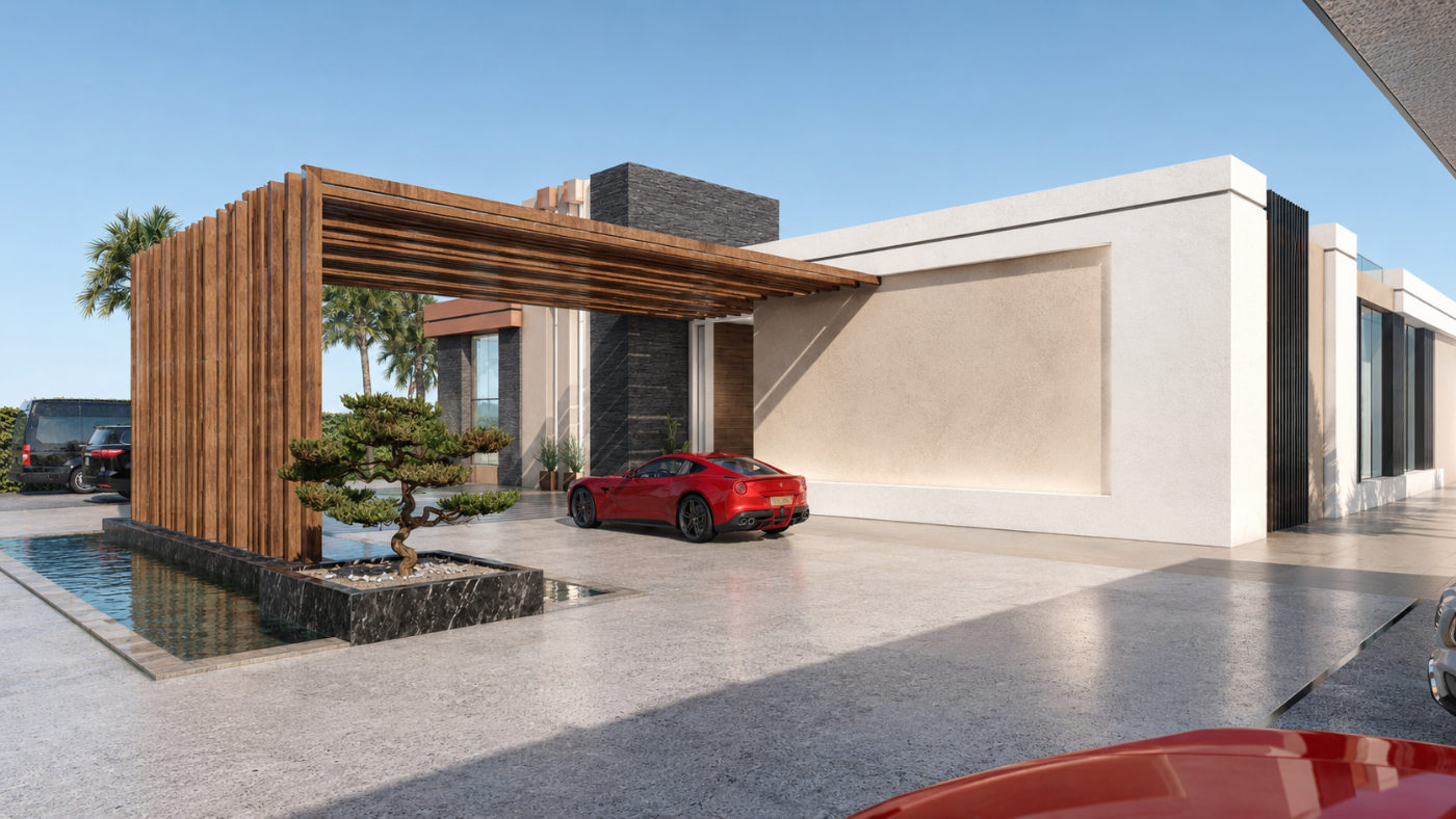 Entrée contemporaine de la Villa Ourika avec pergola en bois