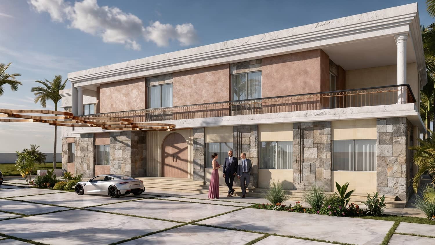Vue complète de la façade principale de la Villa Zaër à Rabat